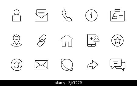 Contact, address line icon set. Mail, telephone adress, message symbol for website button. Editable stroke thin line design icon set. Vector illustration. Stock Vector
