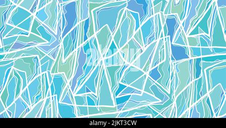 Vector blue stained glass pattern with doodle scratches. Trendy texture with white strokes on a turquoise background. Chaotic background for fabrics, Stock Vector