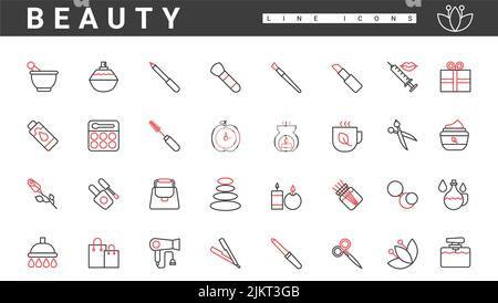Beauty procedures, makeup and cosmetics, thin red and black line icons set vector illustration. Abstract skin care and perfume pictogram, hair and nail treatment object for beautician salon collection Stock Vector