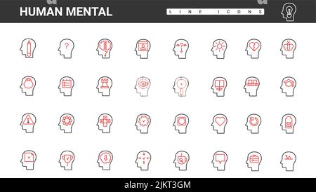 Brain processes inside abstract human head, thin red and black line icons set vector illustration. Mental health and education, emotions and imagination symbols of personality, psychology collection Stock Vector