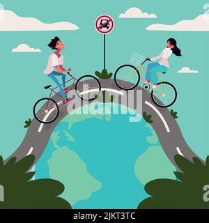 couple in bikes, world car free day Stock Vector