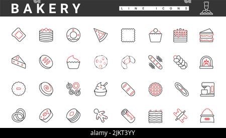 Bakery thin red and black line icons set vector illustration. Abstract simple food products collection from wheat flour and appliances to bake bread, cakes and buns, cookie and waffle for breakfast Stock Vector