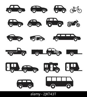 various civilian car vehicle simple silhouette side view set icon symbol vector isolated on white background Stock Vector