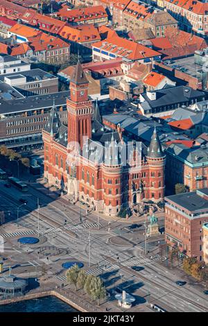 An aerial view of the neogothic style town hall building in Helsingborg, Sweden. Stock Photo