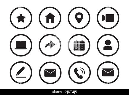 Phone, email contact icon. Mail, telephone adress, message symbol for website button. Black solid pictogram design style icon set. Vector illustration. Stock Vector