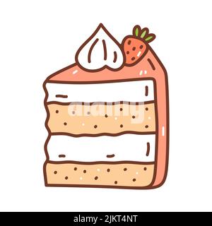Piece of strawberry cake isolated on white background. Cute dessert decorated with berries. Vector hand-drawn illustration in doodle style. Perfect fo Stock Vector