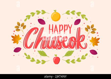 hand lettering happy chuseok with autumn leaves and fruits Stock Vector