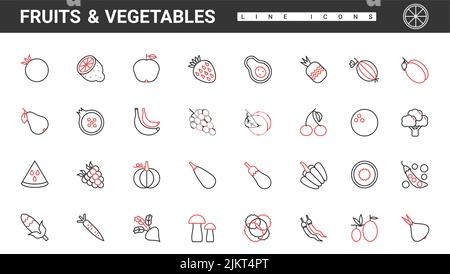 Fruit and vegetables, organic vegetarian food thin red and black line icons set vector illustration. Abstract fresh mix of vitamins, grocery store or supermarket department pictogram collection Stock Vector