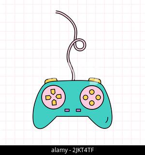 Video game controller, joystick gamepad in bright colors..Vector hand-drawn doodle illustration isolated on checkered background. Perfect for cards Stock Vector
