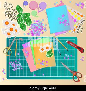 Scrapbooking Workplace Top View Scrapbook Elements Tools And Stationery On  Wooden Table Journaling Hobby Book With Newspaper Clipping Photo Notes  Leaves Vector Illustration Stock Illustration - Download Image Now - iStock