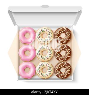 Donuts box. Realistic sweet pastries with different types glazes and sprinkles in cardboard package, caloric fast food. Vanilla, strawberry and Stock Vector
