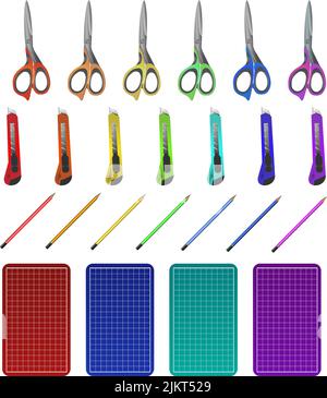 Set of colorful stationery for paper cutting and paper crafting, scissors, knife, cutting mat, pencil. Isolated flat vector illustration Stock Vector