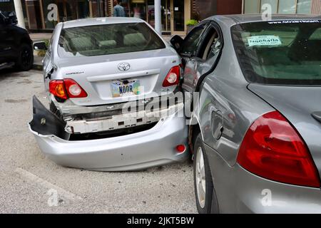 Two Cars Accident Crashed Cars One Silver Sedan Against One Red