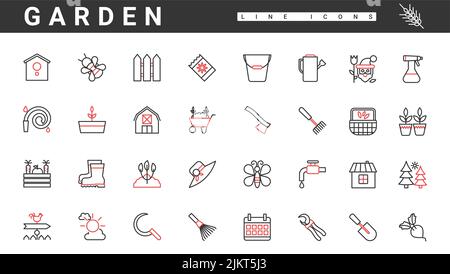 Garden tools and farming equipment for landscape design, care vegetables and flowers thin red and black line icons set vector illustration. Abstract s Stock Vector