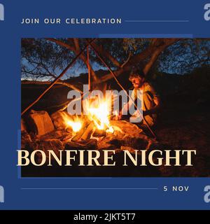 Composition of bonfire night text over caucasian man and bonfire Stock Photo