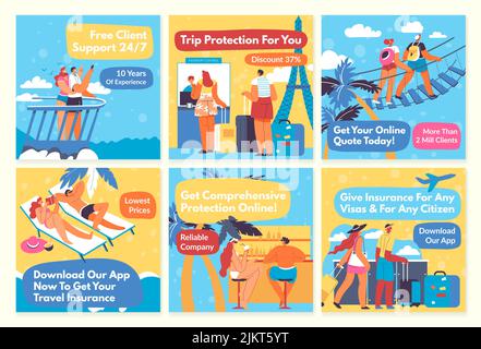 Travel insurance advertising at network post set Stock Vector