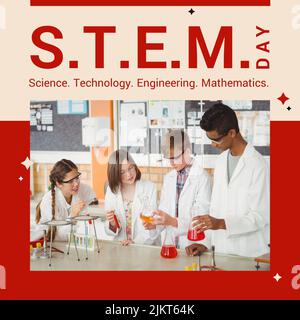 Square image of stem day text with diverse school pupils in chemistry lab Stock Photo