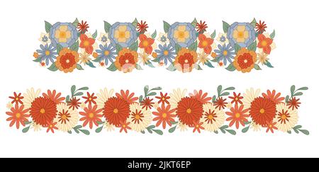 Vector set of seamless retro border with groovy flowers isolated from background. Floral retro frieze for brush and text delimiters. Collection Stock Vector