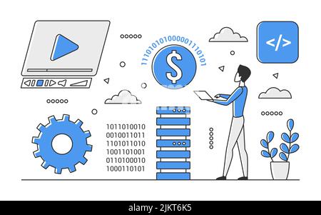 Server support maintenance. System administration and hardware equipment vector monocolor illustration Stock Vector