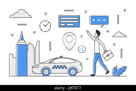 Urban taxi service transportation. City transport auto, catching taxi car vector monocolor illustration Stock Vector