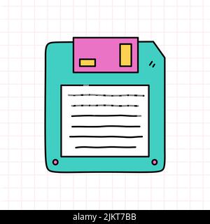 Floppy disk or diskette in bright colors. Storage device. Vector hand-drawn doodle illustration isolated on checkered background. Perfect for cards Stock Vector