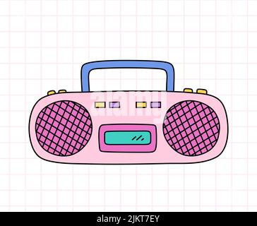 Retro cassette tape recorder in bright colors. Music boombox. Vector hand-drawn doodle illustration isolated on white background. Perfect for cards Stock Vector