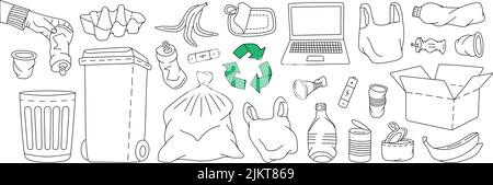 Set of garbage outline symbol. Plastic, glass, metal, paper, organic waste illustration. Problem globe pollution concept. Unsorted garbage line set Stock Vector