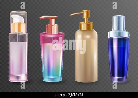 3D bottles for skincare, beauty products set vector illustration. Realistic plastic or glass container with dispenser or cap for lotion, shower gel, perfume isolated on transparent background Stock Vector