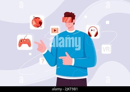Man wearing VR glasses, working with interactive hologram icons. Cartoon guy in futuristic virtual reality headset playing games, watching video flat vector illustration. Metaverse experience concept Stock Vector