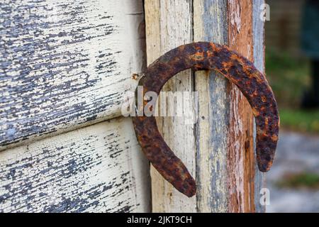old rusty horse shoe hanging on nail on old weatherboard wall 2jkt9ch