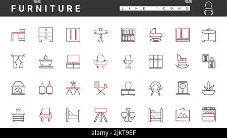 Modern furniture for home and office interior, thin red and black line icons set vector illustration. Abstract simple kitchen, bathroom, living room and bedroom furnishings and decoration collection Stock Vector