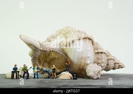 Music band in front of a giant conch shell, cool light background, copy space Stock Photo
