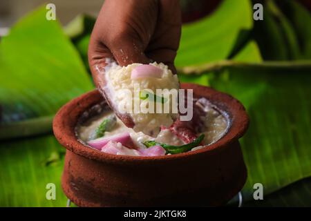 chaddannam indian  famous traditional fermented rice with curd rice,curd rice with onions and chillies in a mud pot closeup with selective focus Stock Photo