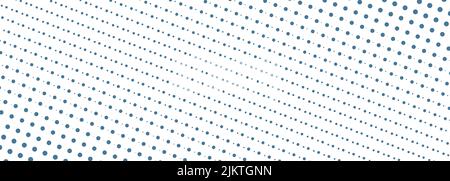 Blue halftone dot texture overlay on white wide background. Abstract halftone pattern. Halftone dots on white banner. Vector illustration Stock Vector