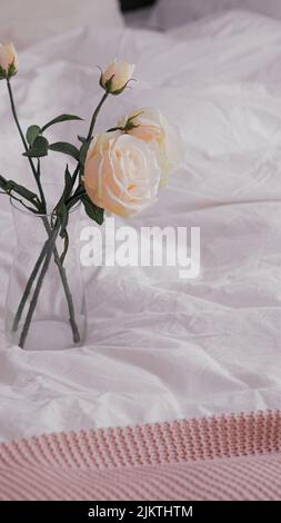 A vertical shot of pink garden roses in a glass vase on white crumpled sheets Stock Photo