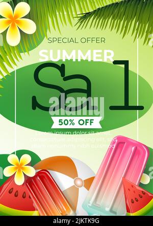 Summer Sale template or flyer design. With watermelon and popsicles, modern design Stock Vector