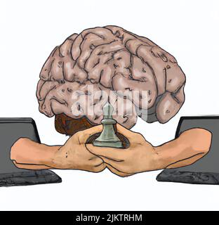 Brain and machine in battle on the chessboard, 3d rendering art Stock Photo