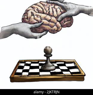 Brain and machine in battle on the chessboard, 3d rendering art Stock Photo