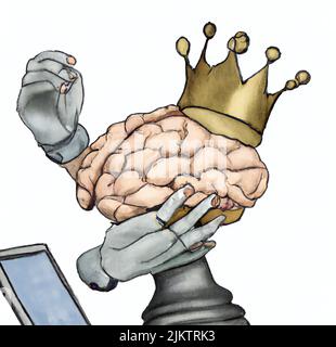 Brain and machine in battle on the chessboard, 3d rendering art Stock Photo