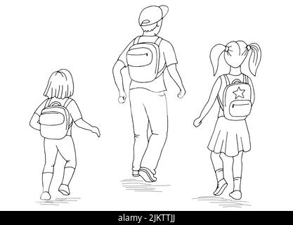 Children walking to the school graphic black white sketch illustration vector Stock Vector