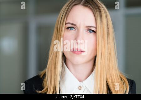 emotion face woman interrogative questioning look Stock Photo