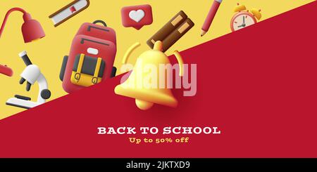 Back to school banner with 3d illustration of ringing bell and school objects for study. Vector illustration Stock Vector