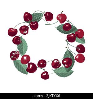Circle composition with cherry fruits. Berry wreath frame, trendy summer background with cherries and leaves. Vector illustration isolated on white Stock Vector