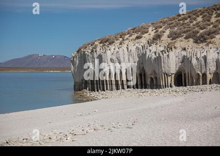 The Crowley Lake Stone Columns are the result of volcanic activity in the area. Stock Photo