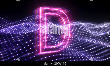 Glowing isolated pink letters and symbols over a dark, mountain like, glowing background. Stock Photo