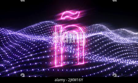 Glowing isolated pink letters and symbols over a dark, mountain like, glowing background. Stock Photo