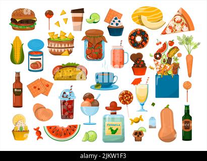 Vector big Food set. Flat icons set. Menu Restaurant, carts, sale, ads. Cartoon illustration of healthy food, fast food, mexican, fruits, vegetables Stock Vector