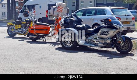 Classic motor bikes, Honda Goldwing three wheeled motor bike, Car Park, Llandaff Fields, Cardiff. Summer. August 2022 Stock Photo