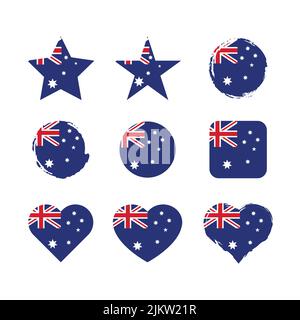 Australia vector circle and heart flag set. Australian dry brush and grunge effect stamp flags. Stock Vector