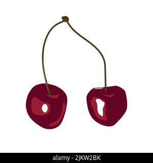 Fresh cartoon red pair cherries. Icon or logo emblem isolated on white background. Vector illustration for any design Stock Vector